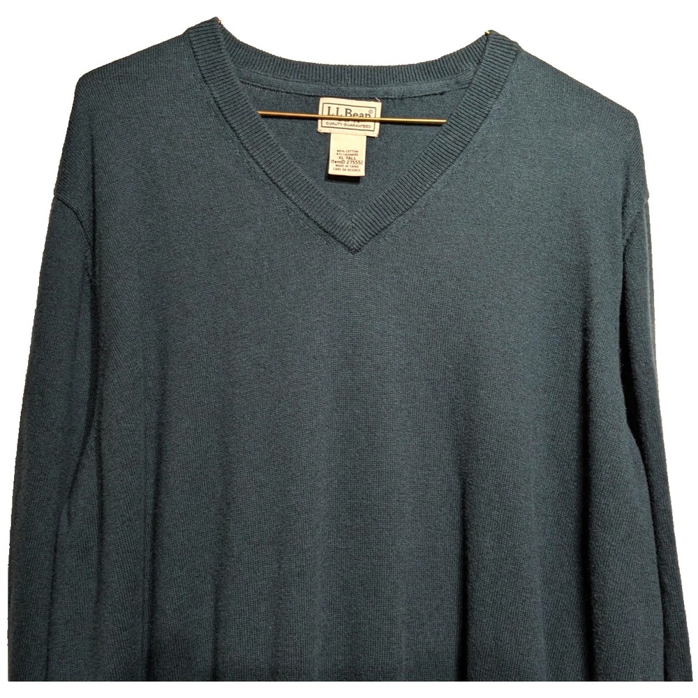 L.L.Bean Sweater Mens XL Tall Teal Green V Neck Cotton Cashmere Blend Pullover‎